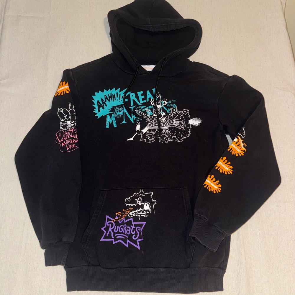 Nickelodeon 90s Cartoon Graphic Hoodie Black Rugrats Real Monsters Rocko Small